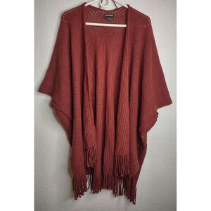 Steve Madden Open Front Cardigan Poncho Burgundy Ruana Weave Knit Fringe OS